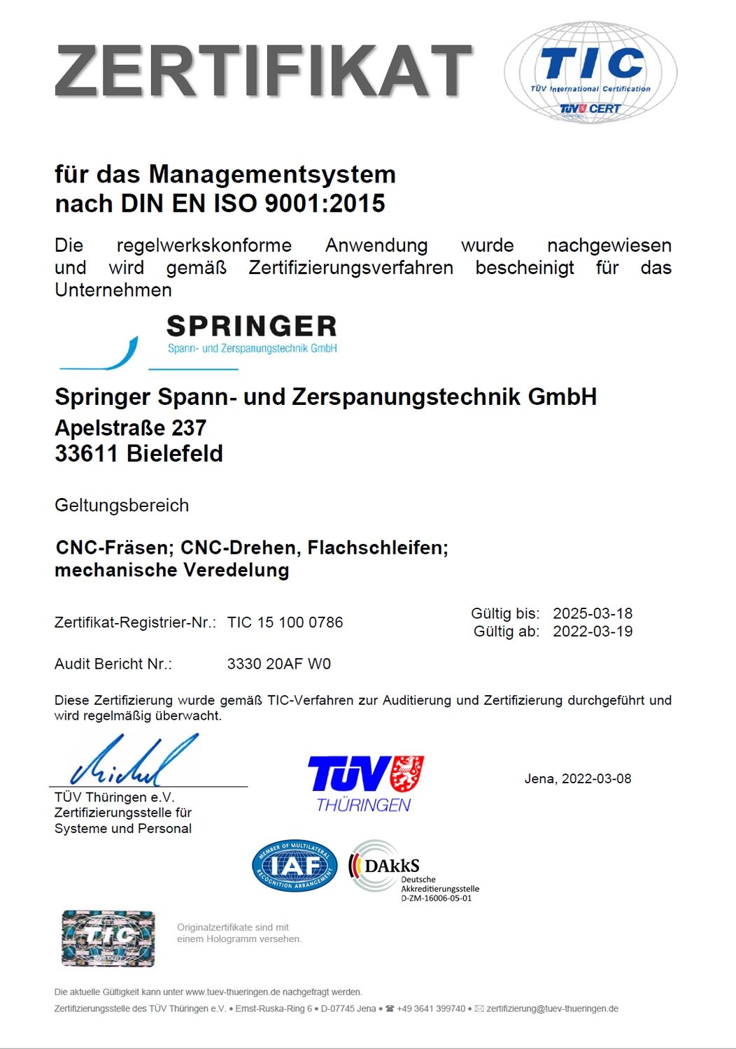 Zertifikat für das Managementsystem nach DIN EN ISO 9001:2015